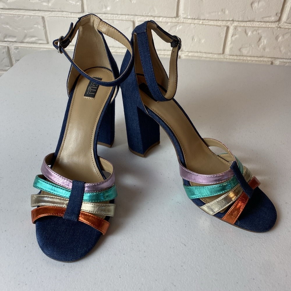 G.I.L.I. Womens Sandals Navy Multi Chunky Cone High Heels Ankle‎ Strap Open Toe